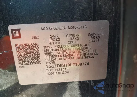 2020 Chevrolet Malibu Fwd Lt z USA, uszkodzony, nr VIN 1G1ZD5ST0LF108774